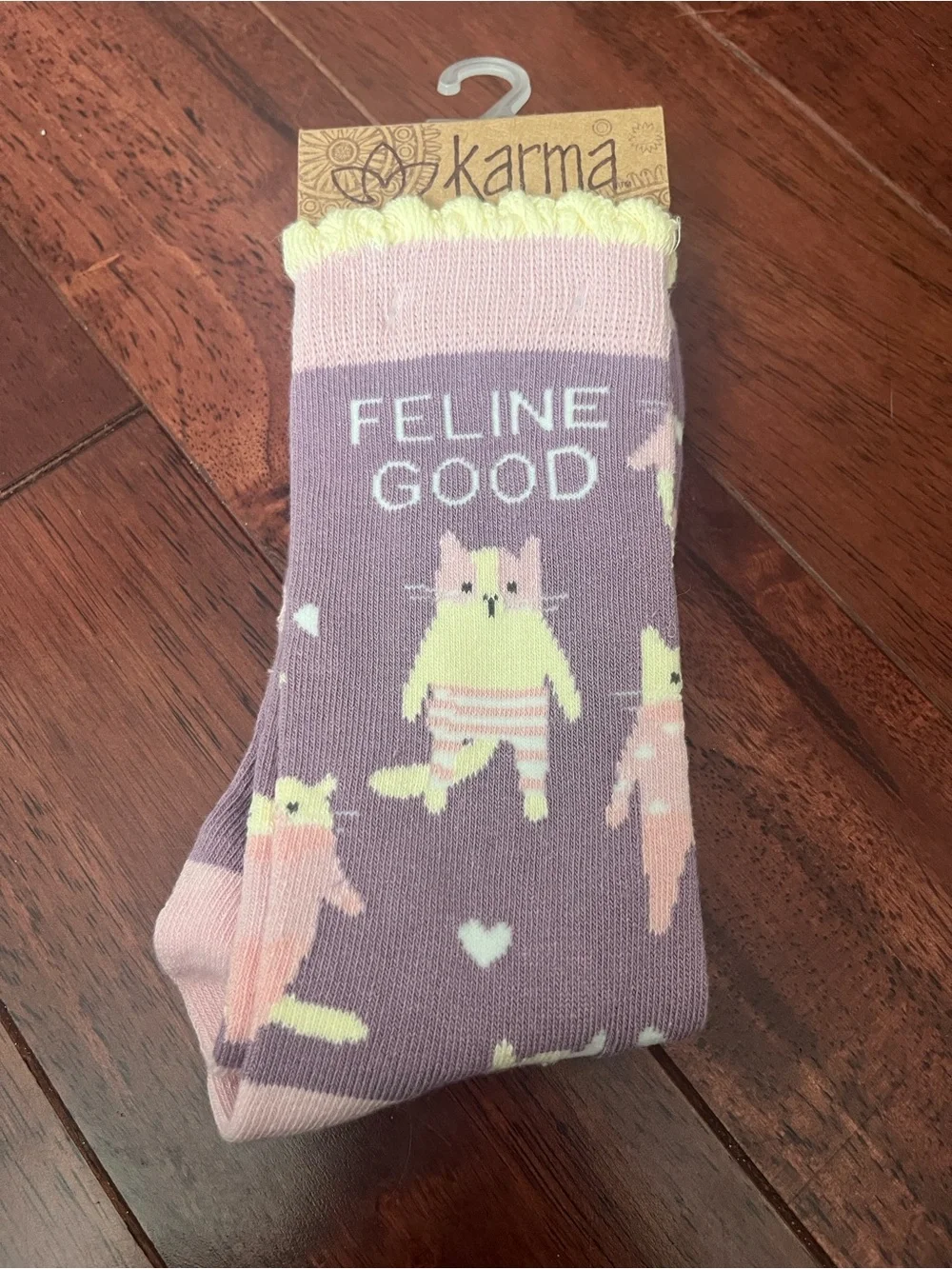 Karma Purple Cat Graphic Socks with Pastel Yellow & Pink Accents
